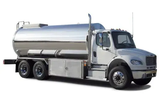 A silver tanker truck is parked on a white background.