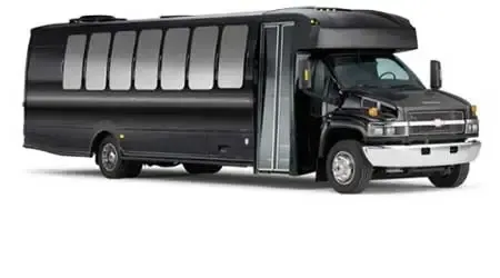 A black shuttle bus is parked on a white background.