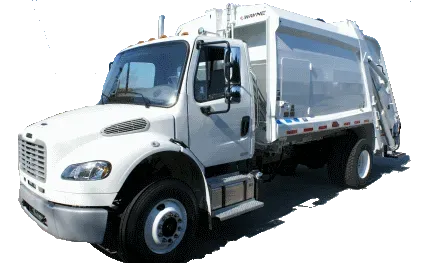 A white garbage truck is parked on a white background.