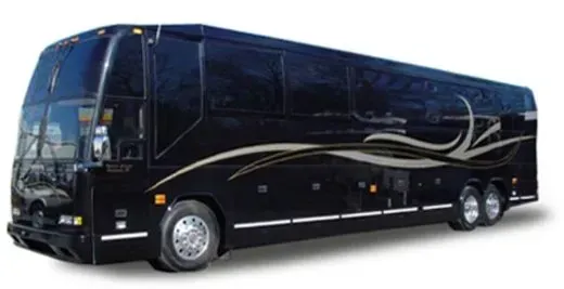 A black bus with a swirl design on the side is on a white background.