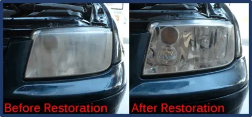 A before and after photo of a car headlight restoration