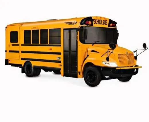 A yellow school bus is on a white background