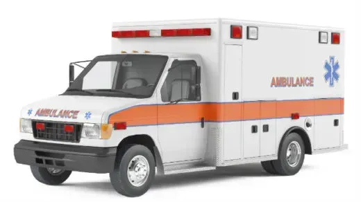 An ambulance with the word ambulance on the side