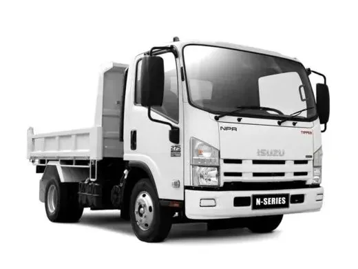 A white isuzu dump truck is shown on a white background.