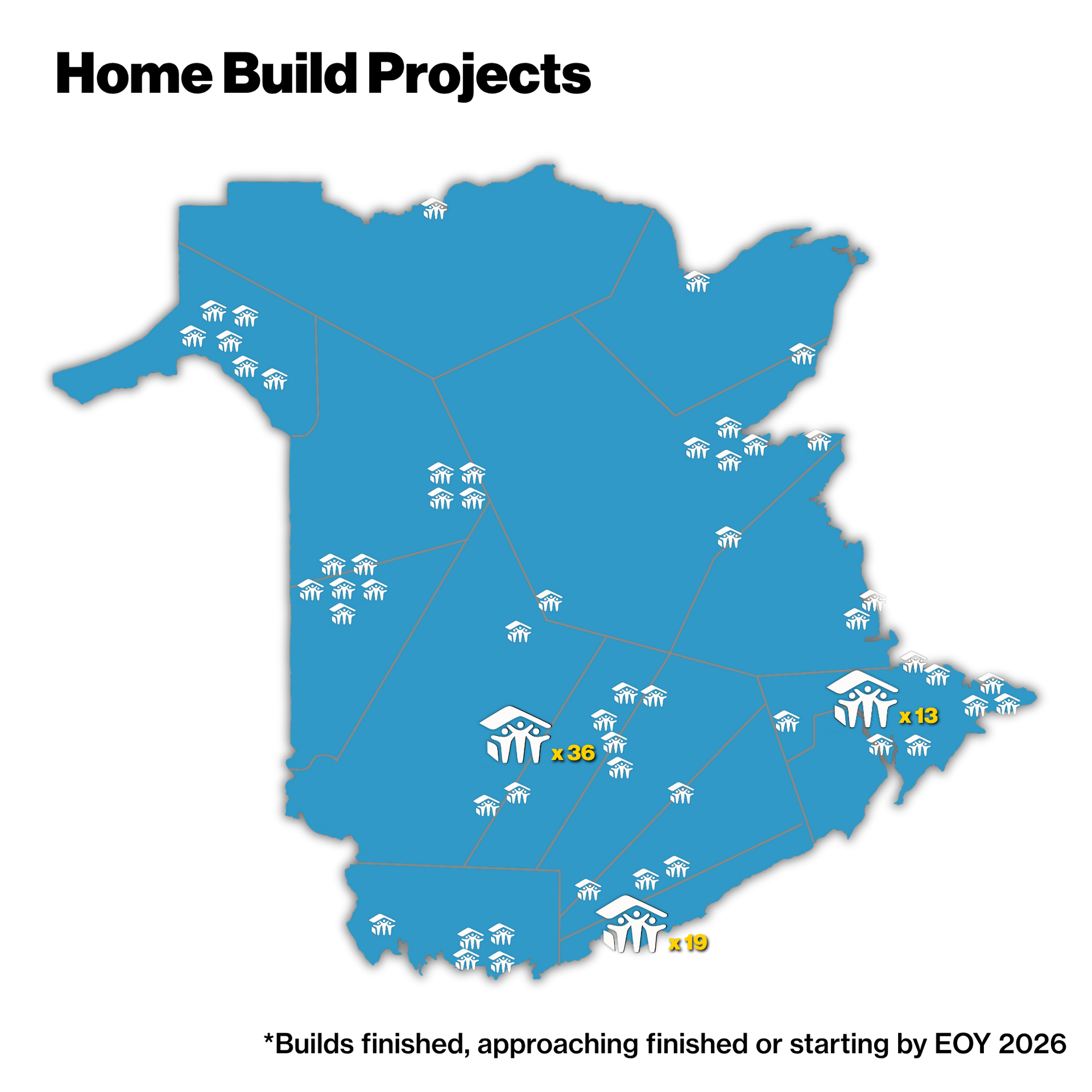 Blue map of Habitat NB with white house icons and title “Home Build Projects” highlighting planned housing sites.