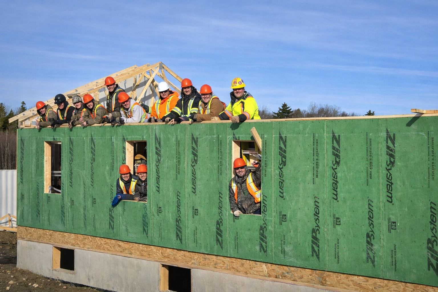 Habitat for Humanity New Brunswick CMC on a green building frame, wearing hard hats and safety gear, atop a construction site