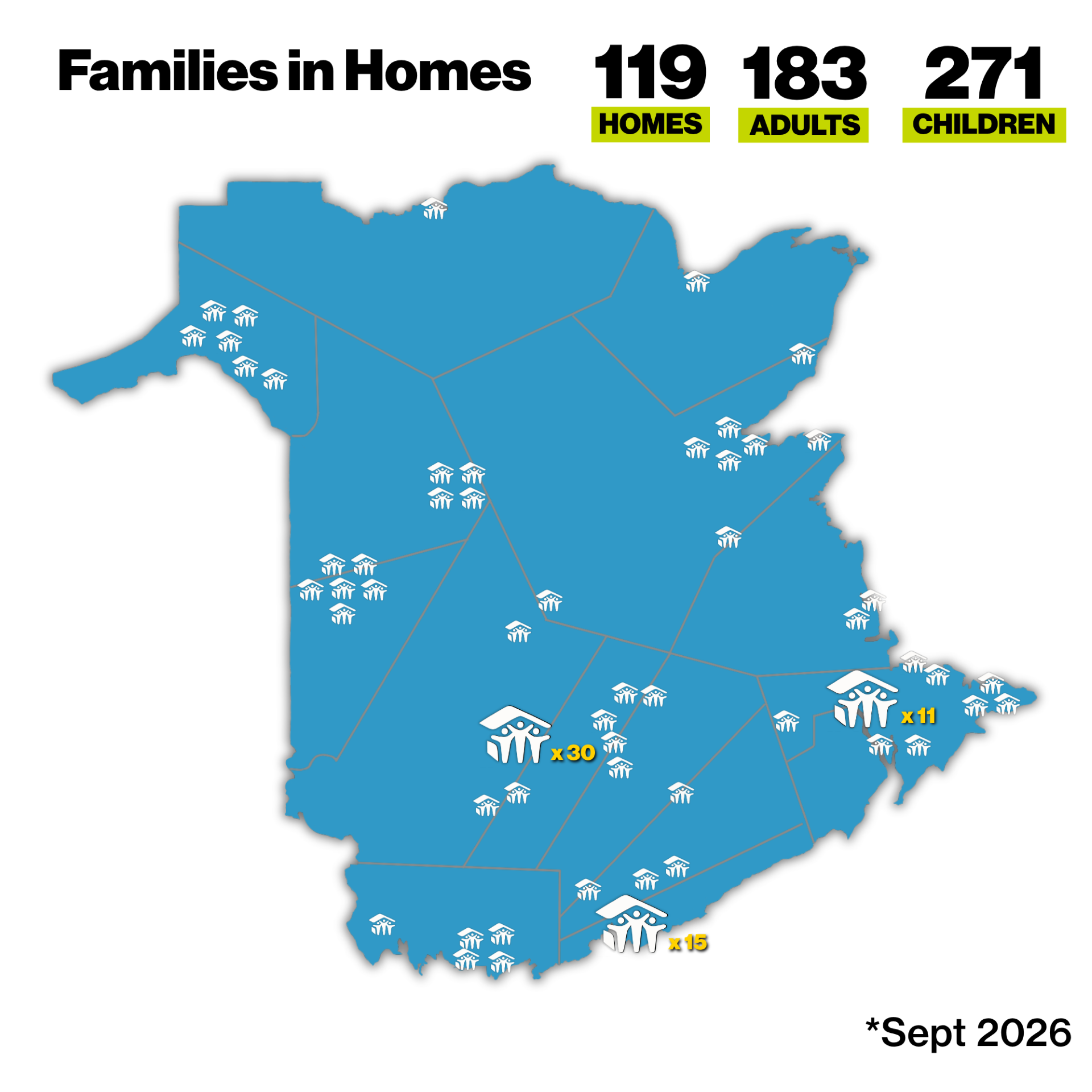 Blue map of Habitat NB with white house icons and title “Home Build Projects” highlighting planned housing sites.
