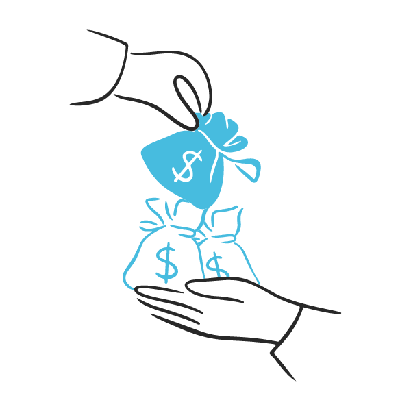 Habitat New Brunswick, Hands exchange blue money bags with dollar signs.