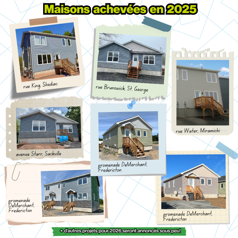 Collage of completed homes in 2025, showing several grey and white houses with labels - Habitat for Humanity New Brunswick