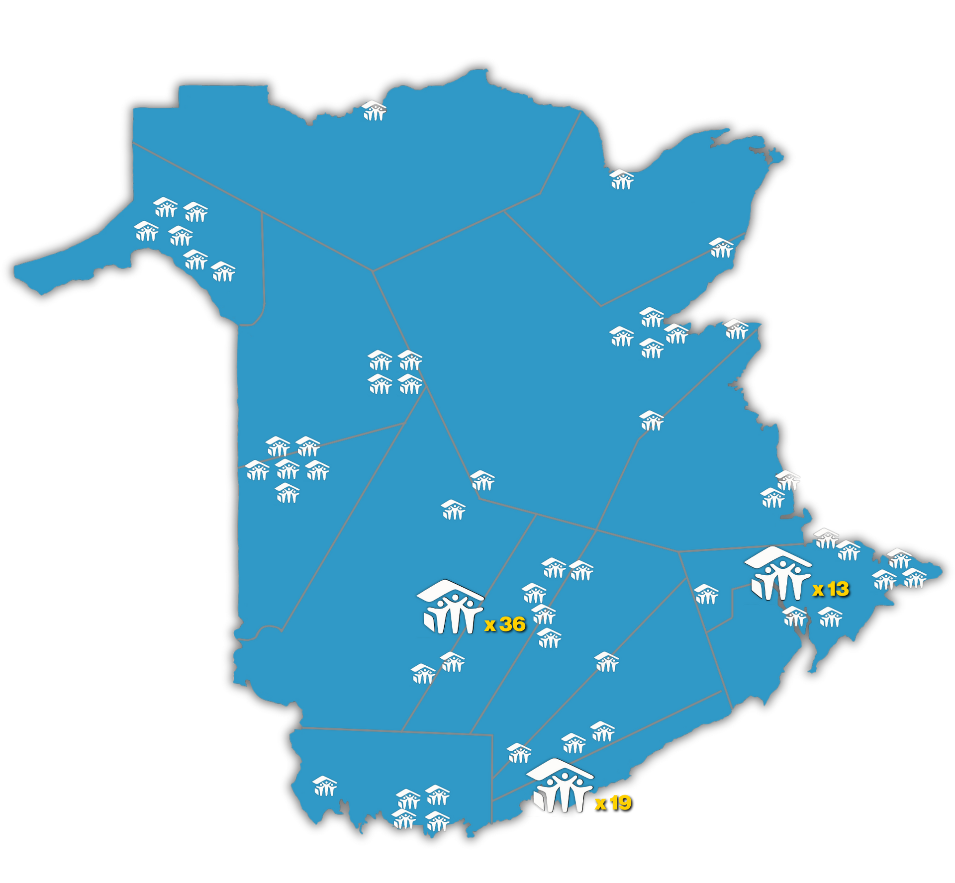 Habitat New Brunswick, Blue map of homes with scattered white icons and small yellow labels highlighting locations
