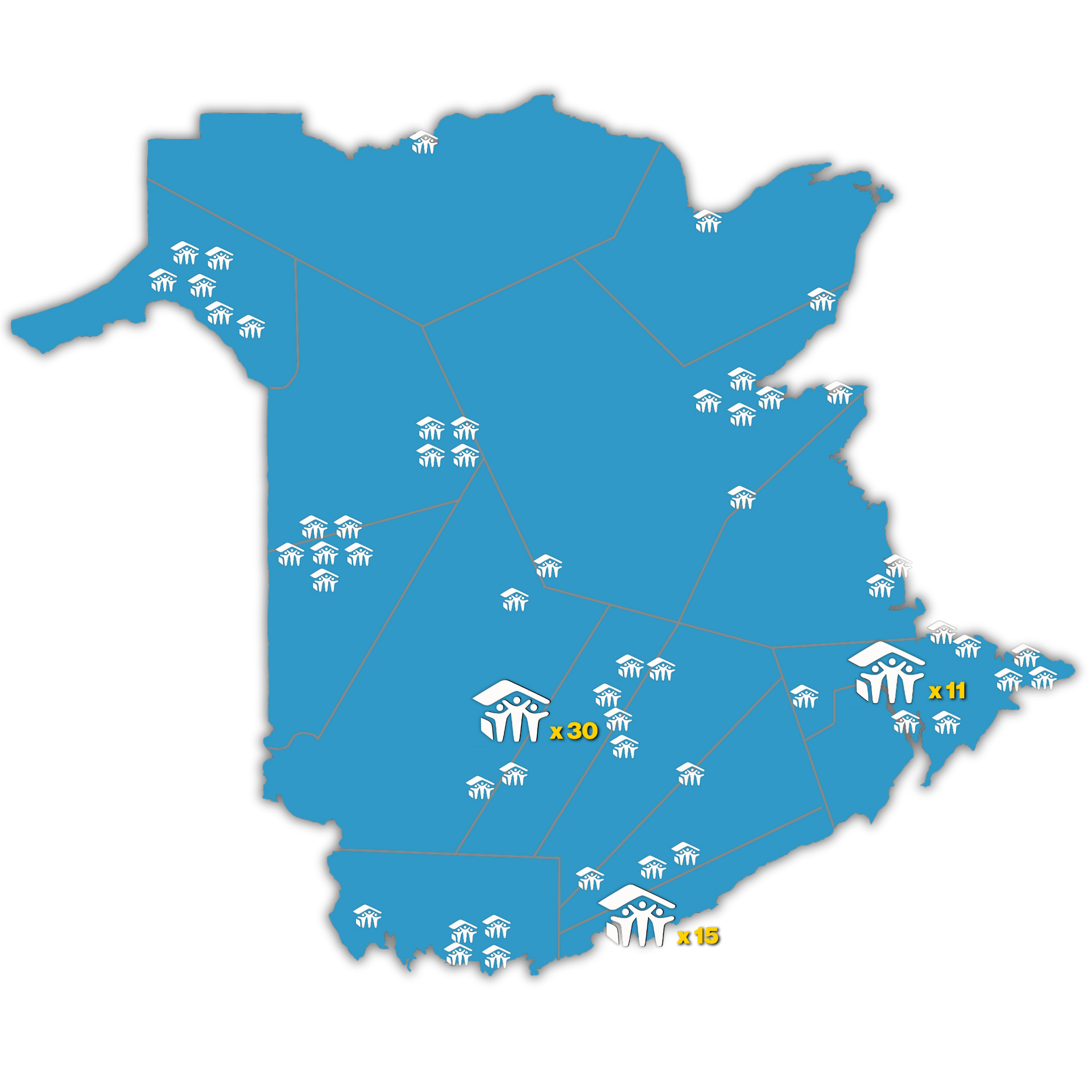 Blue map of Habitat for Humanity New Brunswick homes - white icons and yellow percentage labels marking regional data points