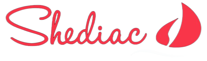 Shediac logo in red script with a red flame icon on a white background