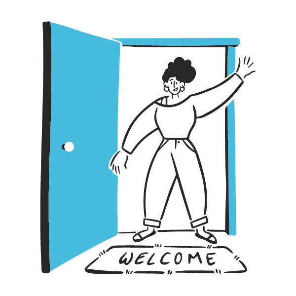Habitat New Brunswick, Person waving in a doorway, standing on a welcome mat with an open blue door.