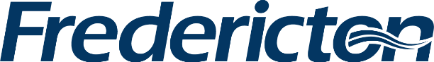 Fredericton logo in dark blue text with a wave graphic over the letters
