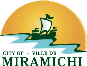 City of Miramichi logo with green ship on yellow sun and blue waves