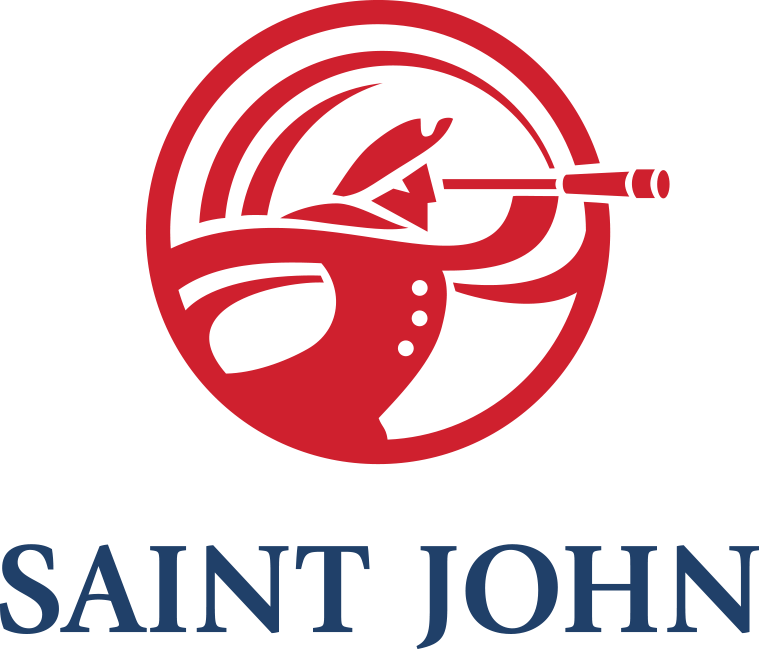 Red circular Saint John logo with stylized white figure and blue “SAINT JOHN” text