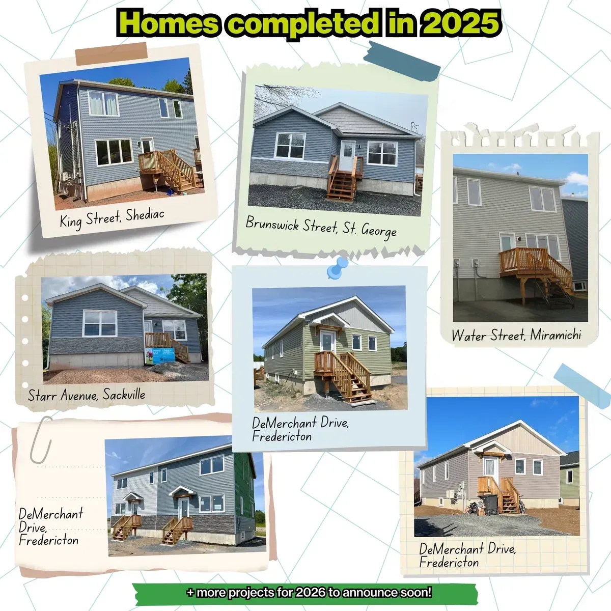 Collage of completed homes in 2025, showing several grey and white houses with labels - Habitat for Humanity New Brunswick