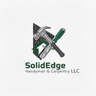 Logo for SolidEdge Handyman & Carpentry LLC, featuring a hammer and chisel over a dark wood grain triangle and house icon.