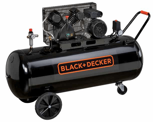 Black and Decker air compressor with black tank and motor, orange logo, and wheels.