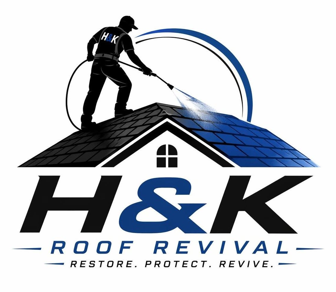 H&K Roof Revival logo with roofer silhouette on a house roof in black and blue