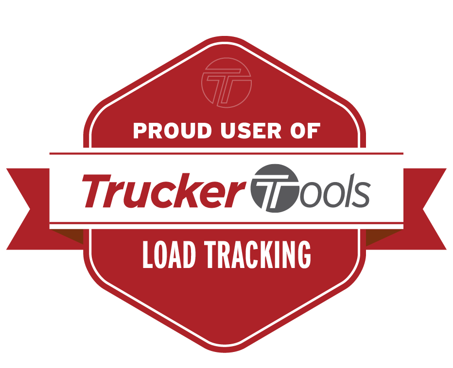 Red and white Trucker Tools badge reading “Proud User of Trucker Tools Load Tracking”