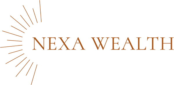 Nexa Wealth logo in bronze serif text with radiating line design on white background