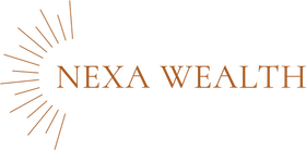 Nexa Wealth logo in bronze serif text with radiating line design on white background