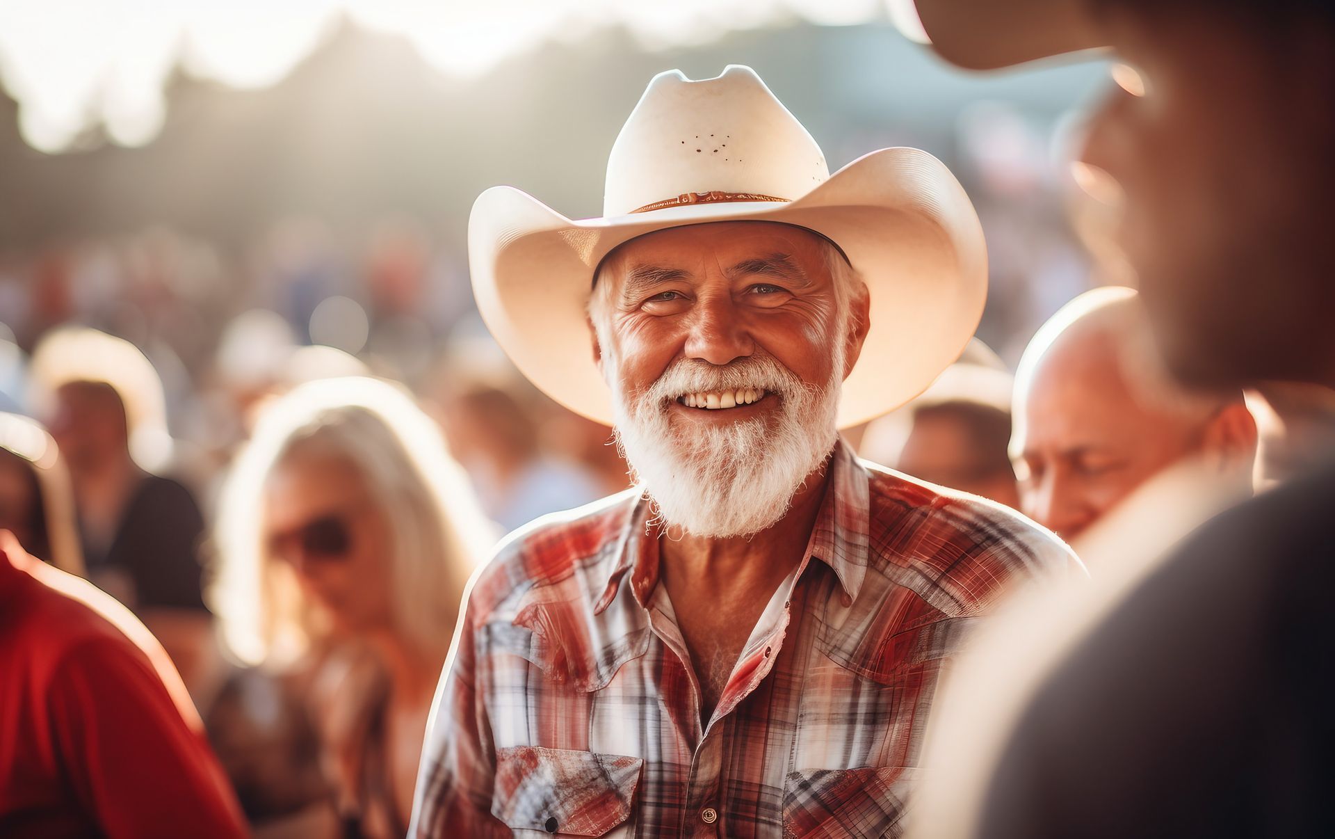 Smiling older man in cowboy hat and plaid shirt, outdoors in a crowd.