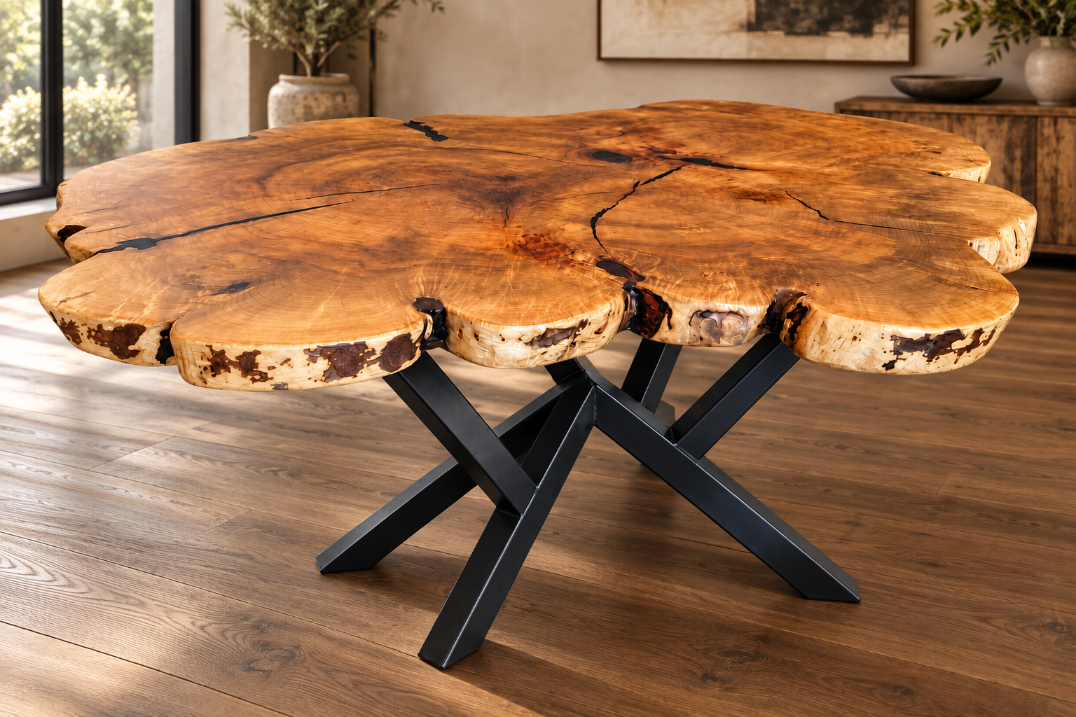 Rustic live-edge wooden coffee table with black crossed metal legs in a sunlit living room