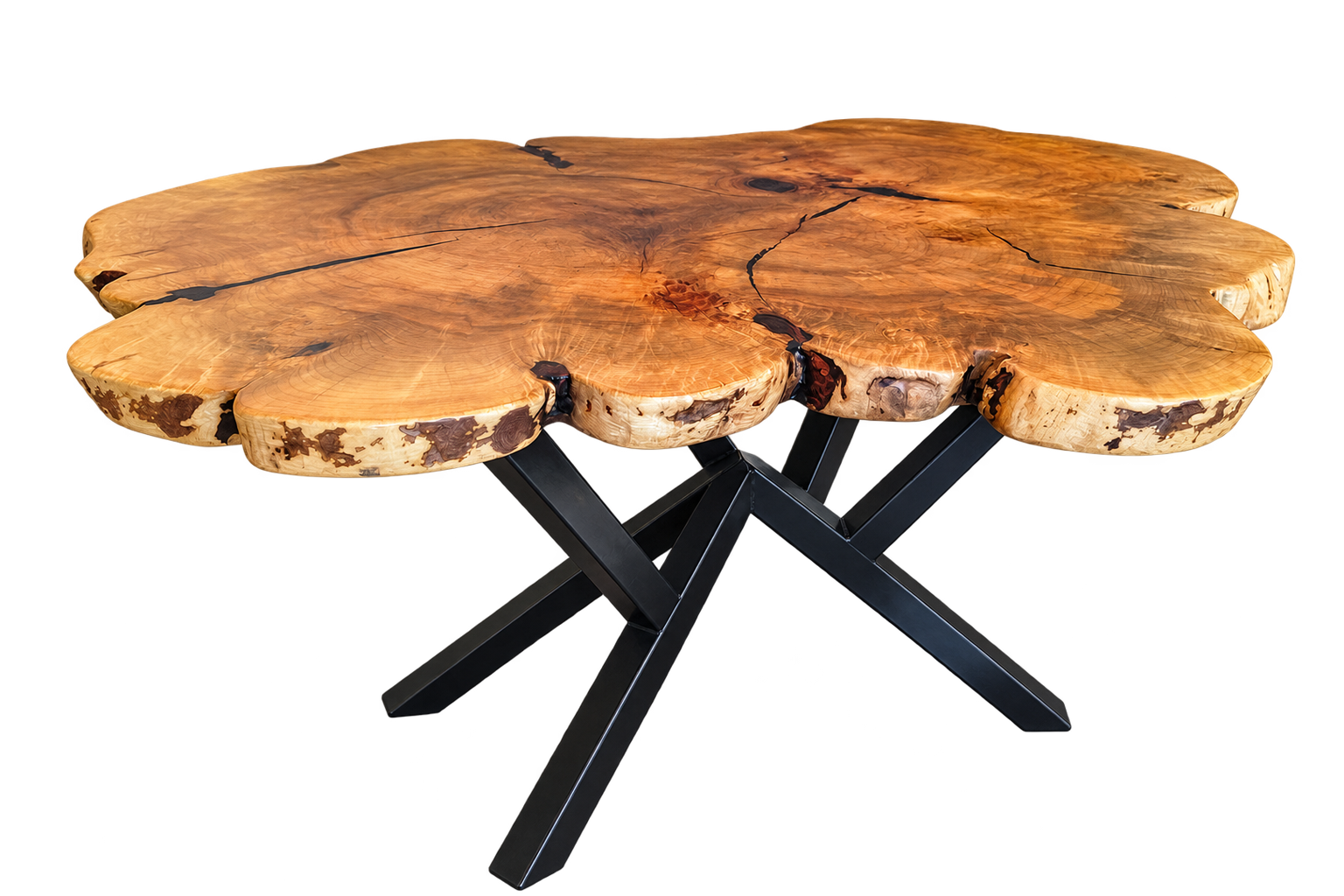 Rustic wooden coffee table with black crossed metal legs