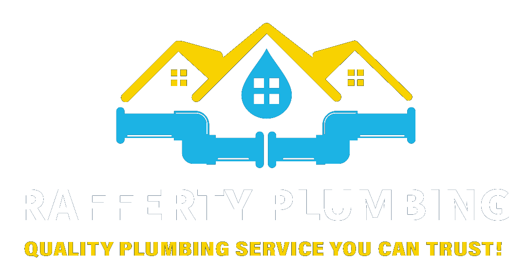 Logo of Rafferty Plumbing: blue pipes, yellow house silhouette, and water droplet symbol.