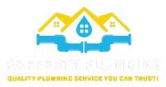 Logo of Rafferty Plumbing: blue pipes, yellow house silhouette, and water droplet symbol.