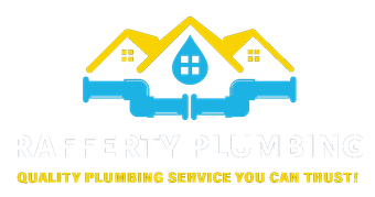 Logo of Rafferty Plumbing: blue pipes, yellow house silhouette, and water droplet symbol.