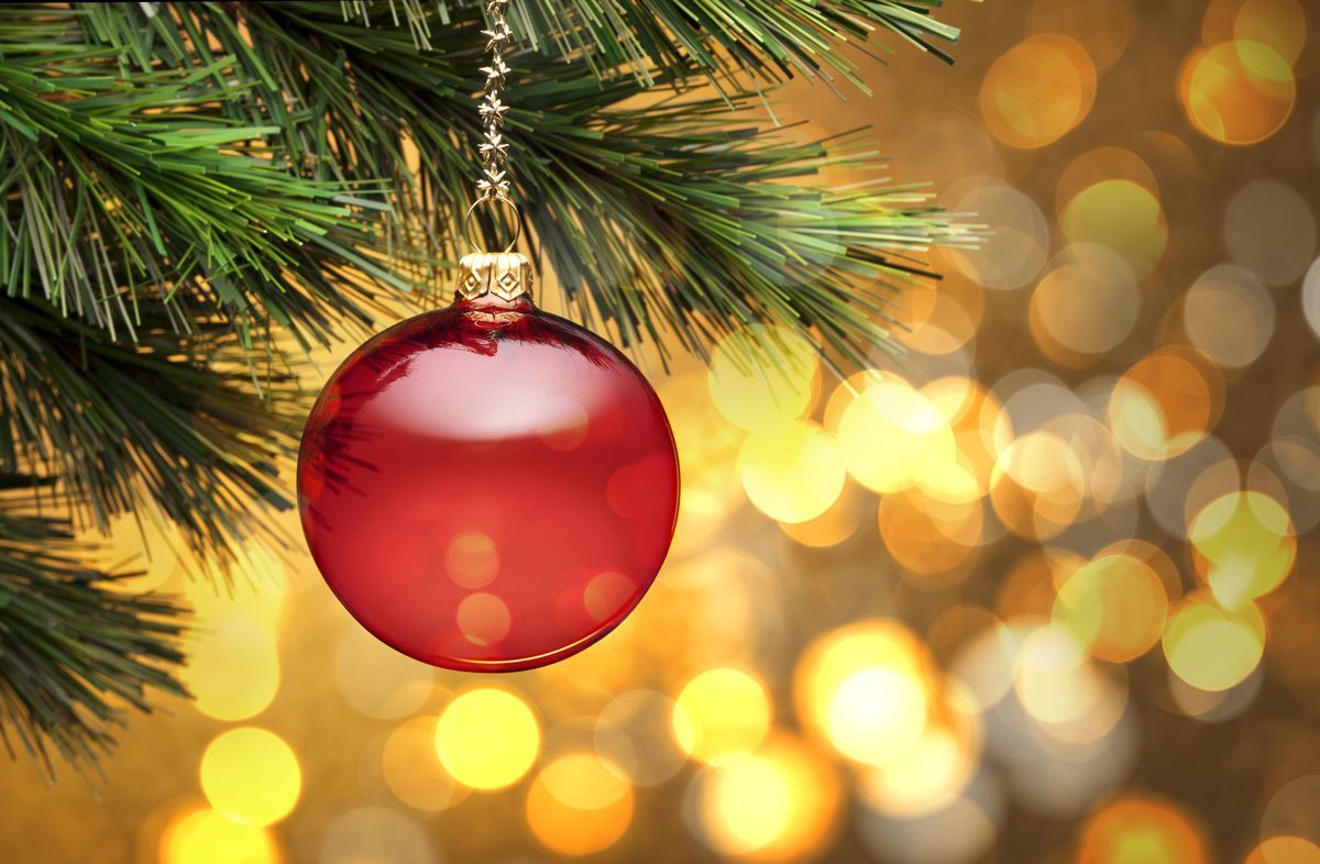 Red Christmas ornament hanging from a green pine branch, golden bokeh background.