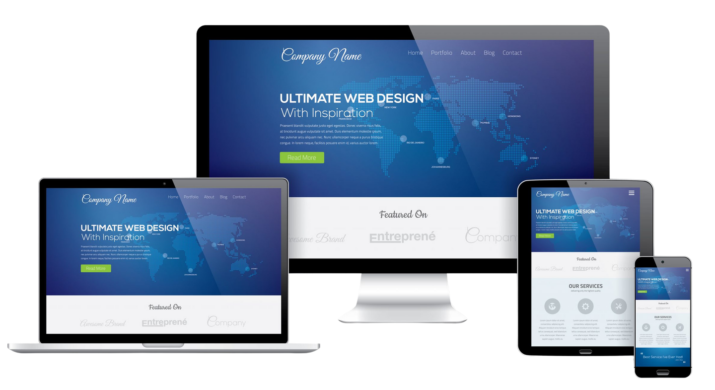 Responsive website mockup shown on laptop, desktop monitor, tablet, and smartphone screens