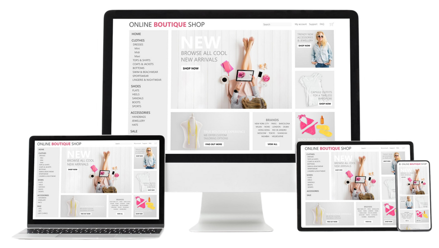 Responsive ecommerce website displayed on desktop, laptop, tablet, and phone screens