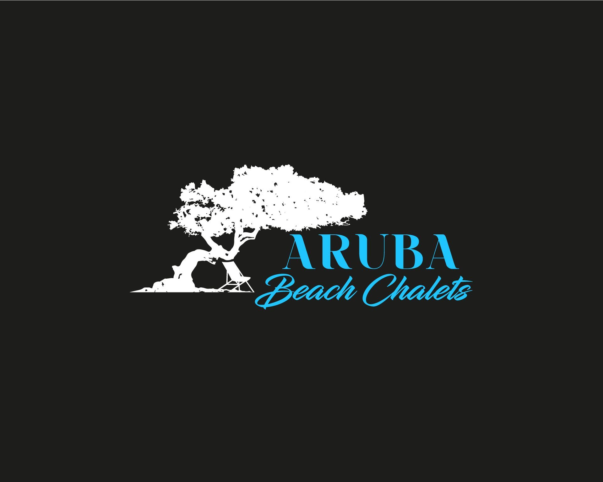 Aruba Beach Chalet logo with white tree silhouette and blue text on black background