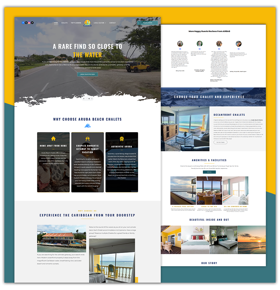 Two-column hotel-style website mockup with teal and gold accents, beach hero image, and several content sections