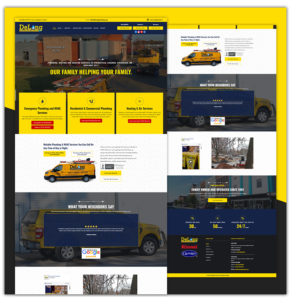 Collage of a yellow and navy cargo van website homepage and service sections