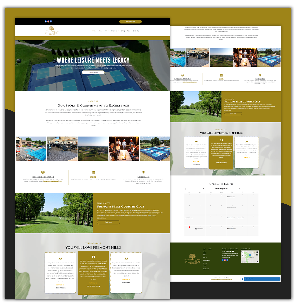 Collage of a green-and-gold website homepage with hero banner, sections, cards, and contact form