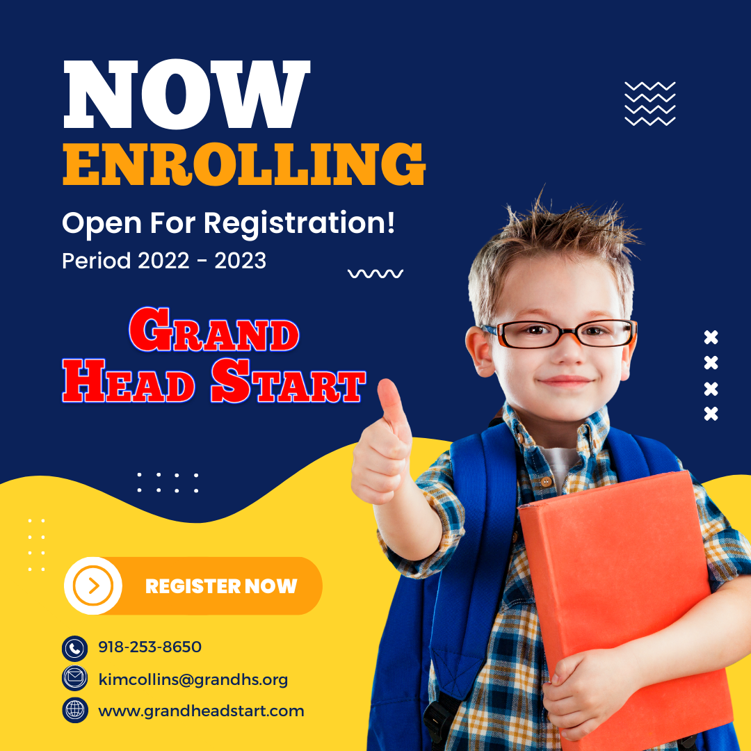 Now enrolling poster for Grand Head Start, blue and yellow, with smiling child holding a red folder.