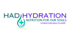 HAD Hydration logo with teal and purple text, water drop and plus symbol, tagline “Nutrition for our souls”