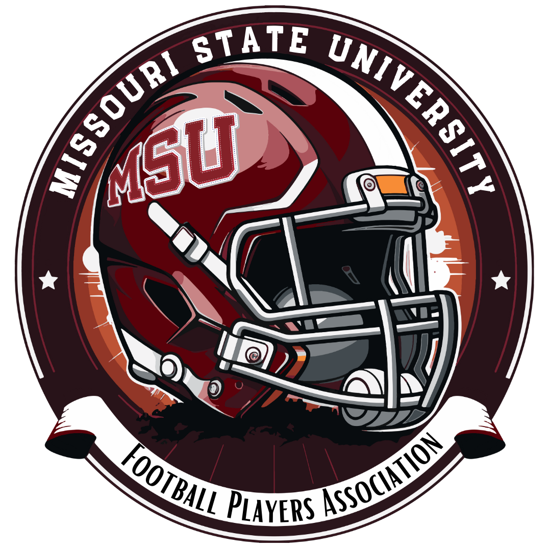 Missouri State University Football Players Association logo with red football helmet and maroon circular seal