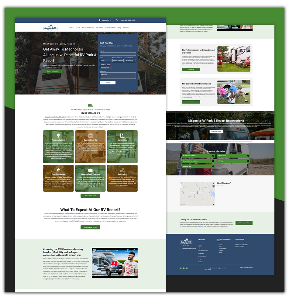 Side-by-side website homepage mockups with green and blue sections, cards, and navigation menus.