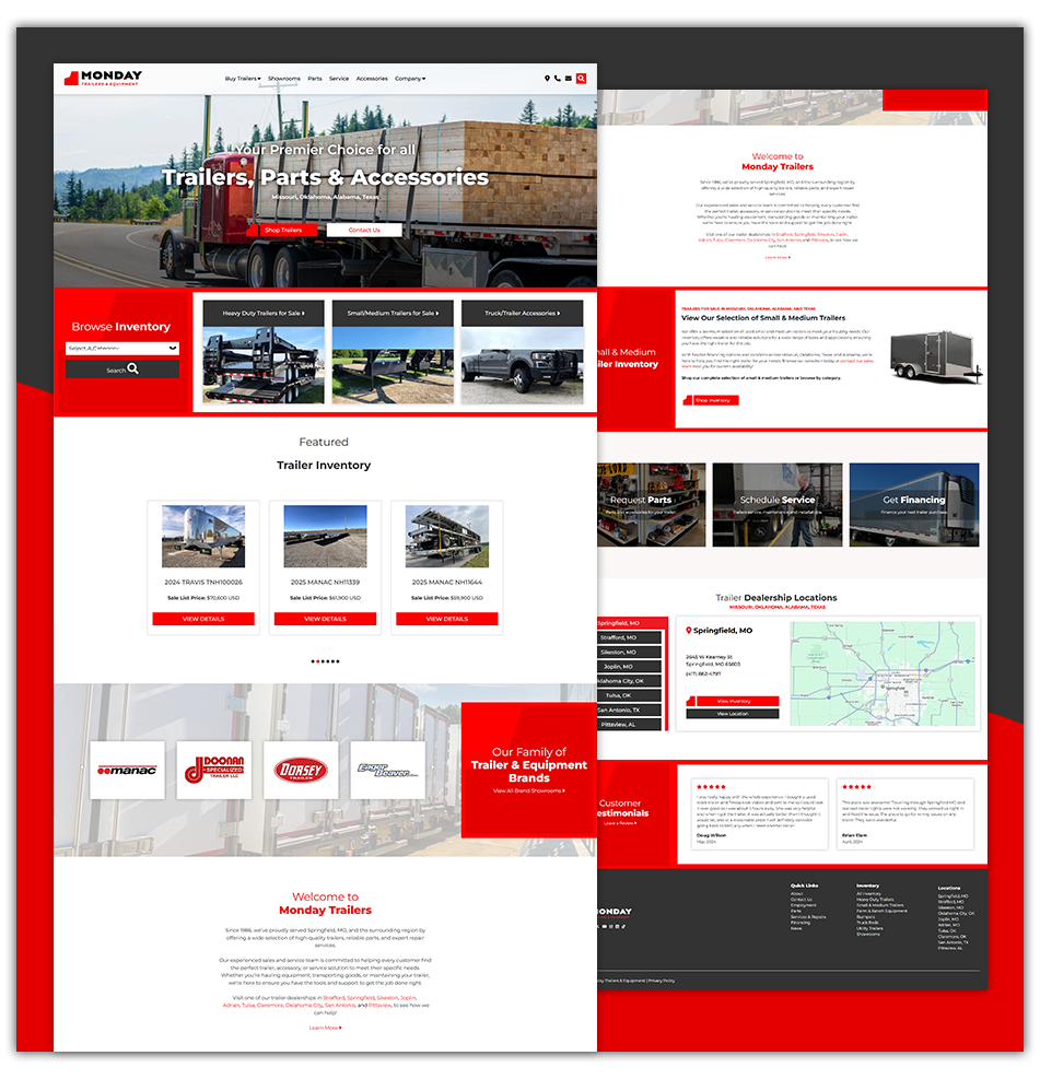 Red and white trucking company website homepage with freight photos, service panels, and contact sections