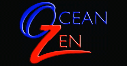 Stylized “OCEAN ZEN” logo in blue and red on a black background