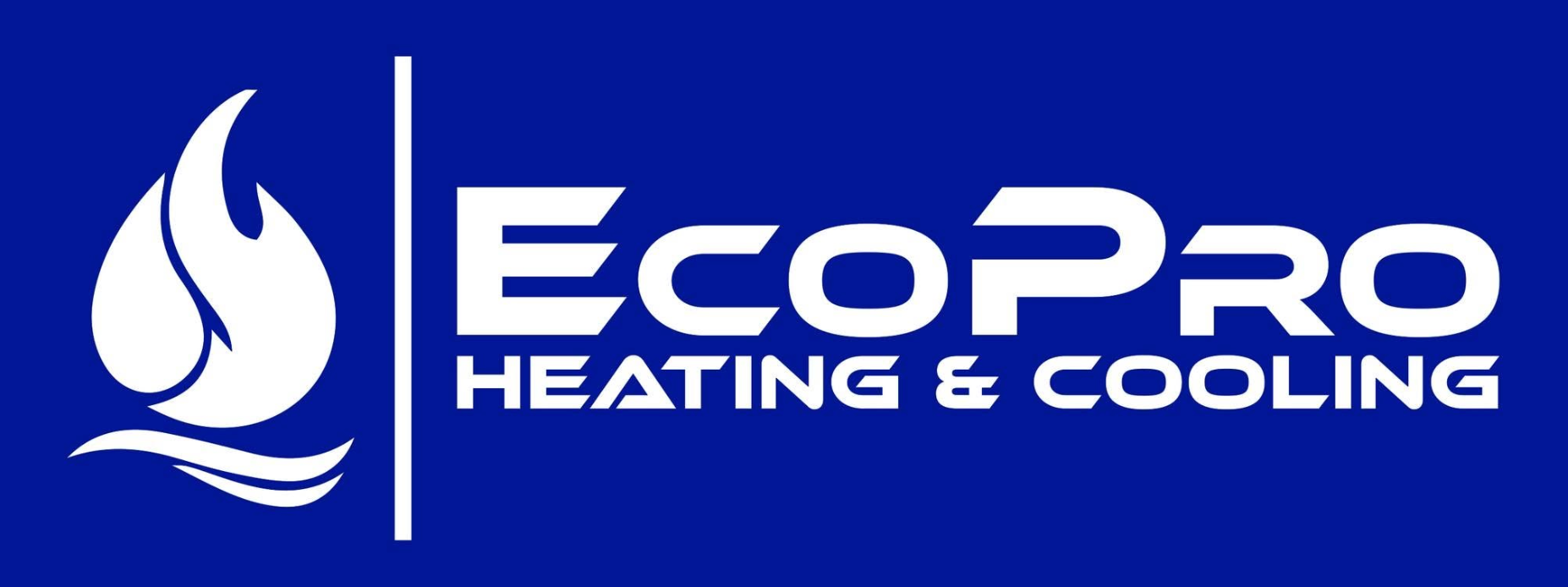 EcoPro Heating & Cooling logo on a blue background with white flame and text