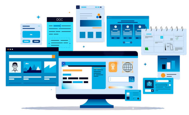 Stylized web dashboard layouts on a desktop monitor with blue interface panels and charts