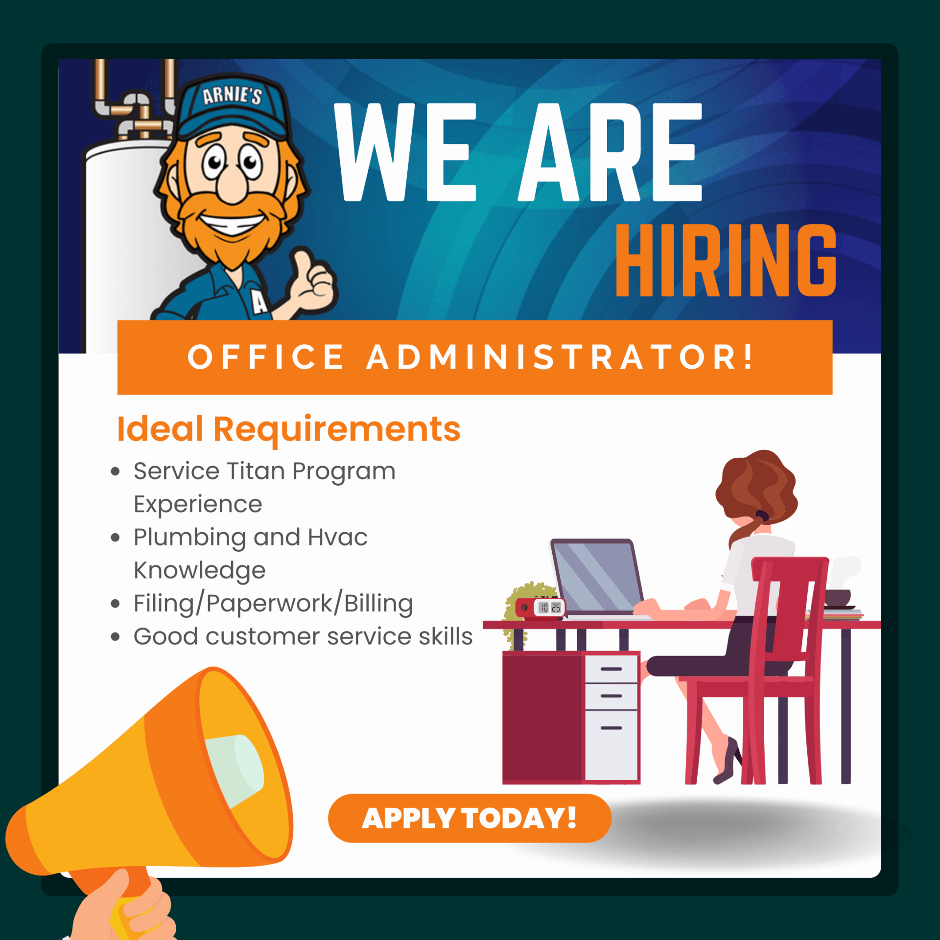 Hiring flyer for office administrator with requirements and “Apply Today” button, illustrated desk scene
