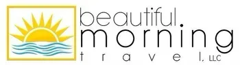 Beautiful Morning Travel LLC logo with yellow sunrise over blue waves and gray text